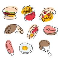 ilustração vetorial fast food estilo minimalista, hambúrgueres, pizza. fundo isolado.