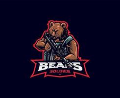 design de logotipo de mascote de urso. urso de soldado de ilustração vetorial com rifle. ilustração de logotipo para mascote ou símbolo e identidade, esportes de emblema ou equipe de jogos de e-sports vetor