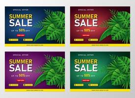 banner de venda de verão com folhas tropicais vetor