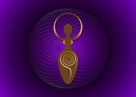 logotipo da mulher wicca, deusa espiral da fertilidade, símbolos pagãos, ciclo de vida, morte e renascimento. símbolo da mãe terra wicca de procriação sexual, ícone de sinal de ouro vetorial isolado em fundo roxo vetor