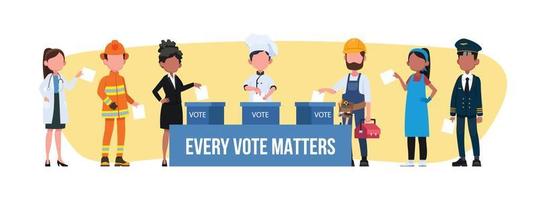 dia da eleição, diferentes ocupações votam no local de votação pessoas colocando cédula de papel na caixa vetor