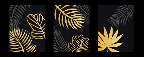de fundo vector de arte em aquarela. design de papel de parede com um pincel. preto, ouro, pincéis, círculos, folhas de palmeira, folha de monstera, formas abstratas