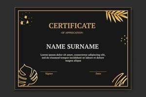modelo de certificado moderno e luxuoso com cor preta e dourada. com folha monstera e folha de palmeira vetor