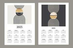 calendário mensal clássico para 2023. calendário com formas abstratas, pincéis preto e branco, amarelo e círculos. vetor