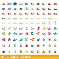 conjunto de 100 ícones de fadas, estilo cartoon vetor