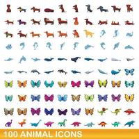 conjunto de 100 ícones de animais, estilo cartoon vetor