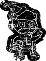 ícone angustiado dos desenhos animados de um homem com bigode e presente de natal usando chapéu de papai noel vetor