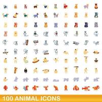 conjunto de 100 ícones de animais, estilo cartoon vetor