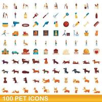 conjunto de 100 ícones de animais de estimação, estilo cartoon vetor