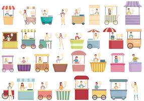 ícones de vendedor de algodão doce definir vetor dos desenhos animados. carnaval de comida