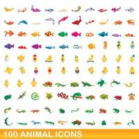 conjunto de 100 ícones de animais, estilo cartoon vetor