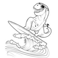 engraçado surfista de t rex monta a onda grande. tiranossauro na prancha de água. ilustração de desenho vetorial do tema dinossauro vetor