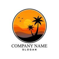 design de logotipo da ilha com coqueiros e pôr do sol vetor