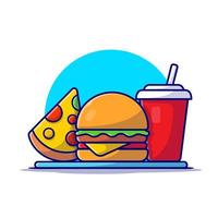 ilustração de ícone do vetor dos desenhos animados hambúrguer, pizza e refrigerante. comida e bebida ícone conceito isolado vetor premium. estilo de desenho animado plano