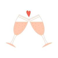 dois copos tilintam. bebida, vinho, símbolo de romance, amor. um elemento decorativo para o dia dos namorados. ilustração vetorial de cor isolada em um fundo branco. vetor