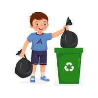 menino bonitinho tirando o lixo no saco de lixo na lixeira. crianças fazendo tarefas domésticas de rotina diária em casa vetor
