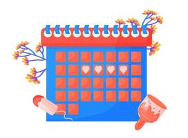 calendário do ciclo menstrual feminino, verificação da ovulação. o conceito de dias mensais da mulher. calendário com elementos botânicos, ramos de eucalipto, algodão. ilustração vetorial em estilo cartoon vetor