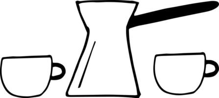 cezve e copos definir ícone. esboce o estilo de doodle desenhado à mão. , minimalismo, monocromático. panelas bebidas pote de café vetor