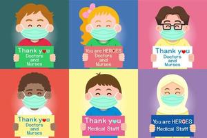 as crianças seguraram um cartaz com uma mensagem elogiando o médico, enfermeiros e equipe médica como heróis que trabalham no hospital e lutam com o coronavírus, fundo de ilustração vetorial para design
