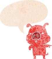 desenho animado porco bravo e bolha de fala em estilo retrô texturizado vetor