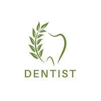 design de logotipo odontológico, natureza com símbolo de linha de folha verde, dentista, modelo de vetor simples