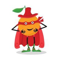 fruta laranja dos desenhos animados, personagem de super-herói, comida vetorial. fruta laranja em traje de super-herói vermelho e máscara, alimentos naturais orgânicos e superpotência de vitaminas vetor