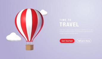 hora de viajar conceito de página de destino, balão de ar quente 3d realista voando com nuvens. ilustração vetorial vetor