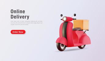 scooter 3d realista com caixa, conceito de página de destino de entrega online. ilustração vetorial vetor