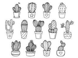 conjunto de cactos simples desenhados à mão bonito. planta de casa em um clipart de pote. ilustração de cactos. doodle em casa aconchegante. vetor