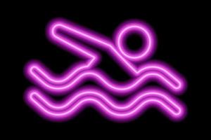silhueta rosa neon de nadador freestyle com ondas em fundo preto vetor