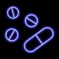 contorno de néon azul de três comprimidos e cápsulas em um fundo preto vetor
