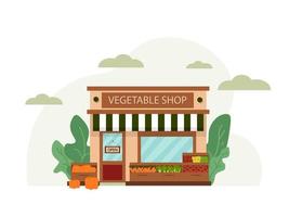 ilustração da fachada do edifício da loja de vegetais com abóboras cenouras alface tomate e pimentão vetor