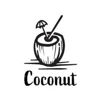 silhueta de logotipo de bebida de coco. coquetel de coco símbolo de bebida natural desenhada à mão vetor