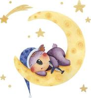 um conjunto de ilustrações em aquarela fofas com um coala dormindo na lua e estrelas vetor