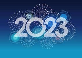 o logotipo do ano 2023 e fogos de artifício com espaço de texto em um fundo azul. ilustração vetorial comemorando o ano novo. vetor