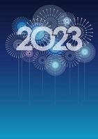 o logotipo do ano 2023 e fogos de artifício com espaço de texto em um fundo azul. ilustração vetorial comemorando o ano novo. vetor