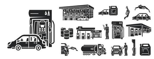 conjunto de ícones de posto de gasolina, estilo simples vetor