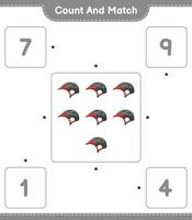 conte e combine, conte o número de capacete de bicicleta e combine com os números certos. jogo educativo para crianças, planilha para impressão, ilustração vetorial vetor