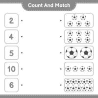 contar e combinar, contar o número de bola de futebol e combinar com os números certos. jogo educativo para crianças, planilha para impressão, ilustração vetorial vetor