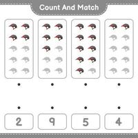 conte e combine, conte o número de capacete de bicicleta e combine com os números certos. jogo educativo para crianças, planilha para impressão, ilustração vetorial vetor