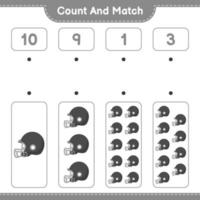 conte e combine, conte o número de capacete de futebol e combine com os números certos. jogo educativo para crianças, planilha para impressão, ilustração vetorial vetor