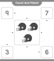 conte e combine, conte o número de capacete de futebol e combine com os números certos. jogo educativo para crianças, planilha para impressão, ilustração vetorial vetor