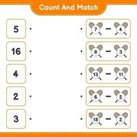 conte e combine, conte o número de raquetes de badminton e combine com os números certos. jogo educativo para crianças, planilha para impressão, ilustração vetorial vetor