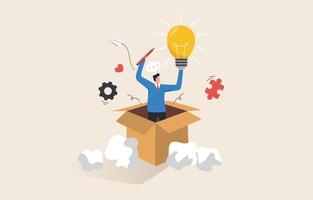 descobrindo novas ideias criativas. pense fora da caixa. resolver problemas de trabalho por meio da inovação. empresário segurando uma ideia de lâmpada fora de uma caixa. vetor