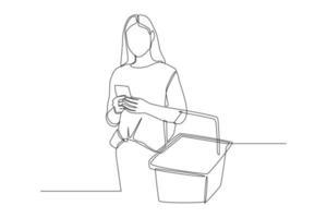 um desenho de linha contínua de mulher feliz com cesta verificando a lista de compras no smartphone. conceito de shopping. única linha desenhar desenho ilustração gráfica de vetor. vetor