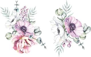 aquarela flor rosa composição.hand desenhada ilustração floral botânica para convite de casamento card.bouquet florescendo anêmona estilo painting.vintage. vetor