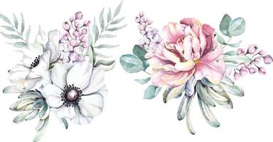 buquê rosa e flores desabrochando pintadas com aquarelas para decorar cartões de convite de casamento. vetor