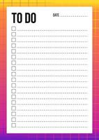 resumo para fazer o modelo de lista com verificação e local para data e notas. planejador em branco com notas sobre fundo gradiente neon. design de organizador gradiente. modelo de lista de verificação a4. ilustração vetorial vetor