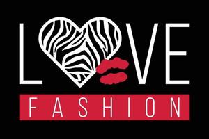 slogan amo moda com pele de zebra e beijo em fundo preto. estampa animal na moda em forma de coração. ilustração vetorial de glamour para impressão, design, camiseta.