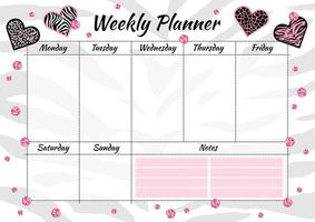 planejador semanal criativo com textura animal de coração e brilhos de glitter rosa. organizador de moda elegante e agenda. modelo de planejador para impressão, casamento, escola. ilustração vetorial. vetor